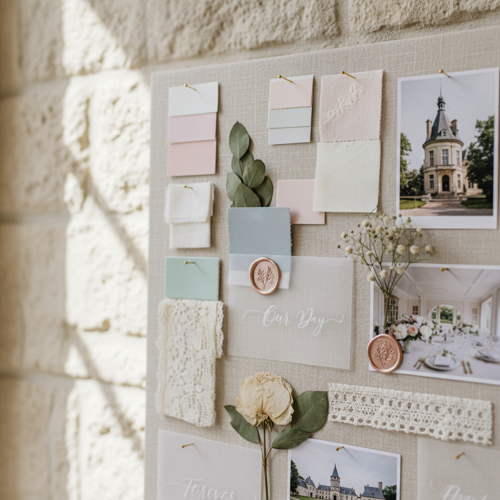 A close-up of a beautifully curated wedding mood board mounted on a linen-covered pinboard, filled with carefully arranged pastel color swatches, miniature fabric samples, metallic wax seals, pressed flowers, and printed photos of venues, table settings, and floral arrangements. Slim brass pins and delicate vellum overlays add texture and sophistication. The board rests on a light stone wall in a serene studio, illuminated by diffused natural light from an unseen side window, casting soft, flattering shadows. Photographic realism with an eye-level, slightly angled composition, creating depth as some elements come into sharp focus while others blur gently into the background. The overall mood is organized, inspiring, and professional, evoking the reassuring feeling that every wedding detail has been thoughtfully considered.